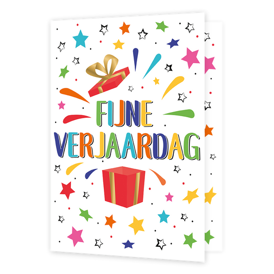XL - Fijne verjaardag - Formaat: Groot - Vorm: Staand - Verjaardagskaart - Op deze wenskaart staan sterren in de kleuren blauw, oranje, geel, groen, paars en roze. In het midden staat de tekst: "Fijne verjaardag". - Snelwenskaart