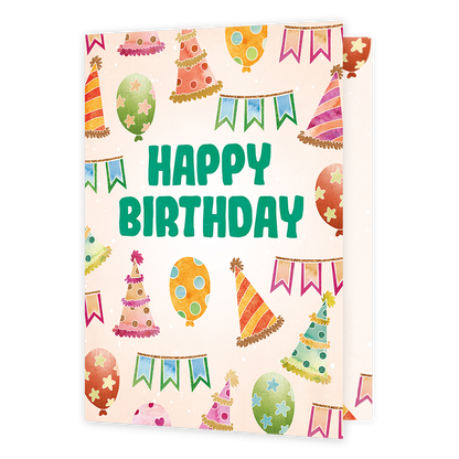 XL Kaart - Happy birthday - Formaat: Groot - Vorm: Staand - Verjaardagskaart - Op deze wenskaart staan slingers, feesthoedjes en ballonnen met in het midden de tekst: "Happy birthday". - Snelwenskaart