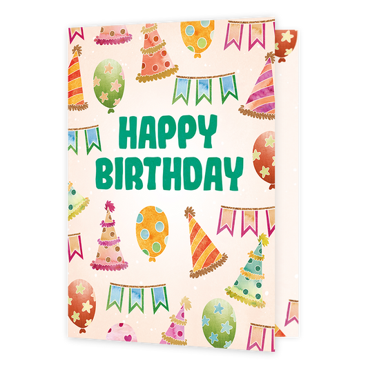 XL Kaart - Happy birthday - Formaat: Groot - Vorm: Staand - Verjaardagskaart - Op deze wenskaart staan slingers, feesthoedjes en ballonnen met in het midden de tekst: "Happy birthday". - Snelwenskaart