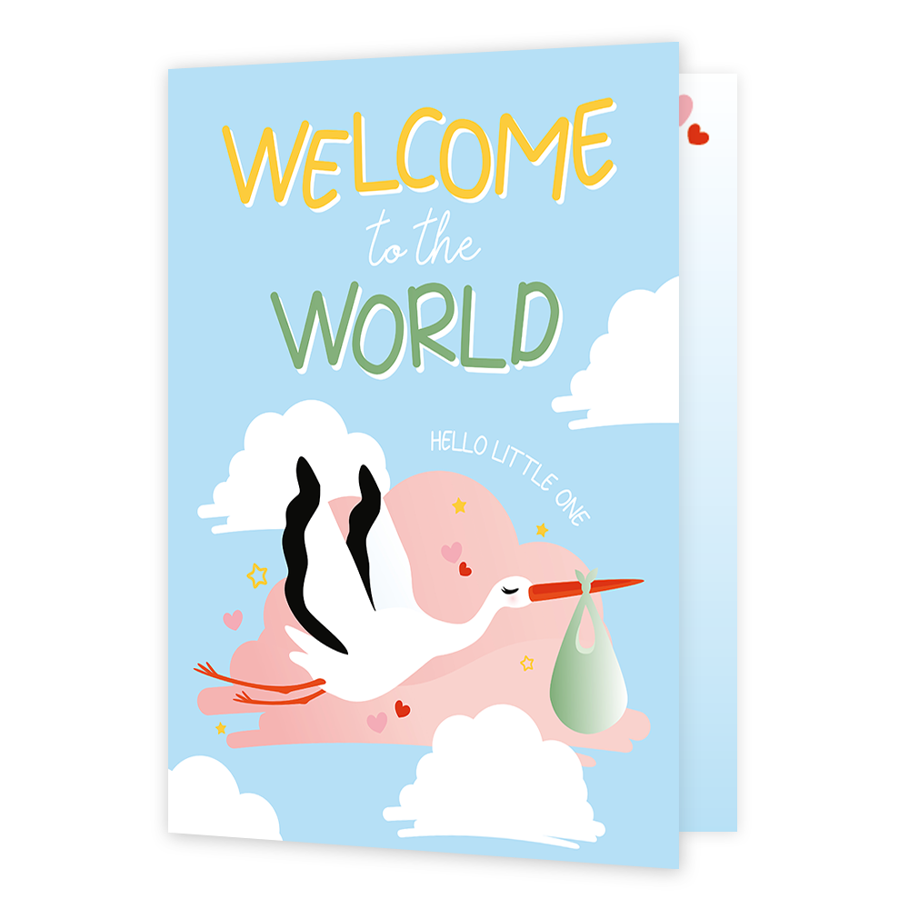 XL kaart - Welcome to the world - Formaat: Groot - Vorm: Staand - Geboortekaart - Op deze wenskaart staat een ooievaar die rondvliegt tussen de wolken. Boven de ooievaar staat de tekst: "Welcome to the world little" en "Hello little one". - Snelwenskaart