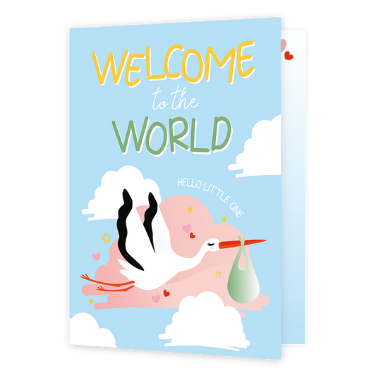 XL kaart - Welcome to the world - Formaat: Groot - Vorm: Staand - Geboortekaart - Op deze wenskaart staat een ooievaar die rondvliegt tussen de wolken. Boven de ooievaar staat de tekst: "Welcome to the world little" en "Hello little one". - Snelwenskaart
