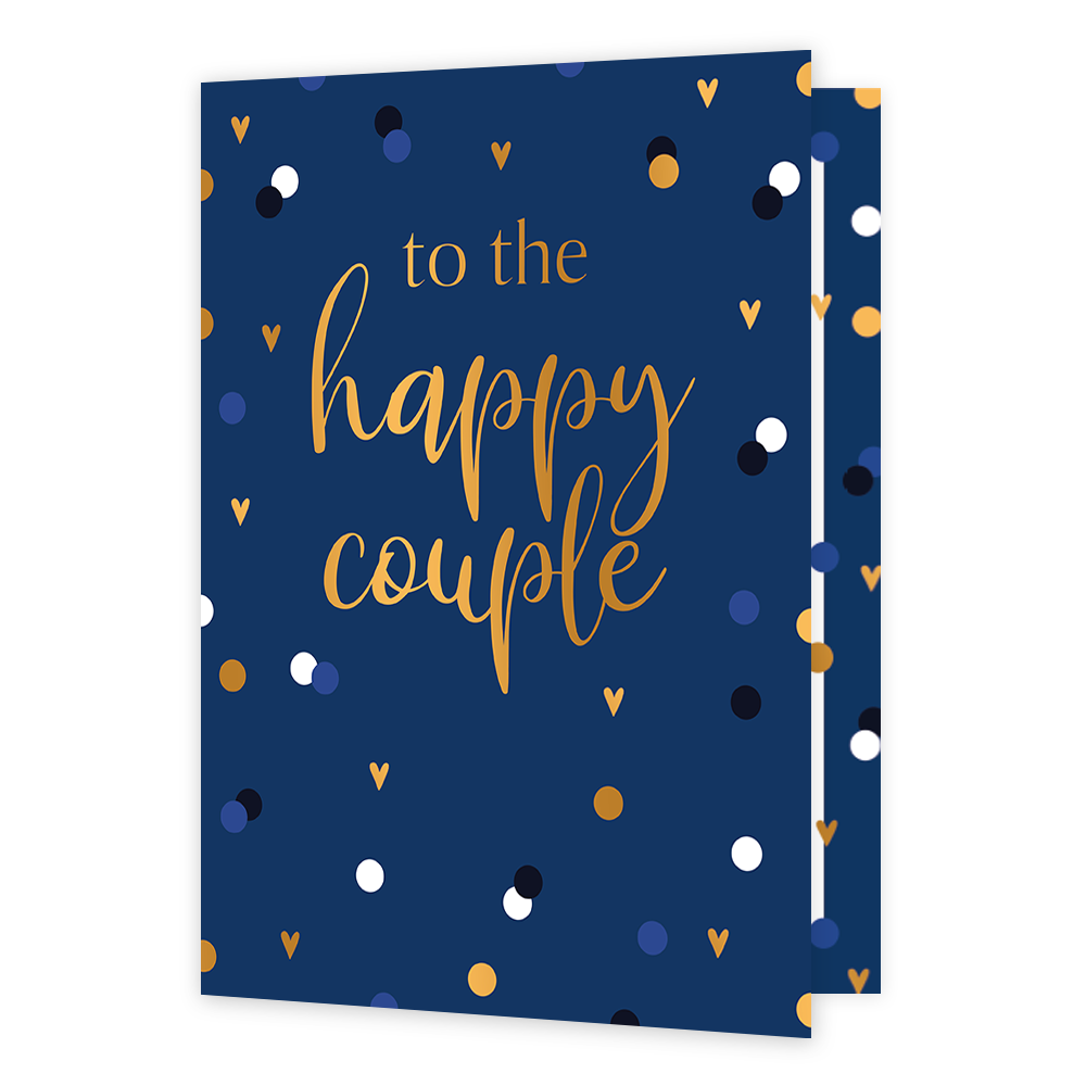 XL kaart -To the happy couple - Formaat: Groot - Vorm: Staand - Huwelijkskaart - Op deze wenskaart staan stippen en hartjes mt in het midden de tekst: "To the happy couple". - Snelwenskaart