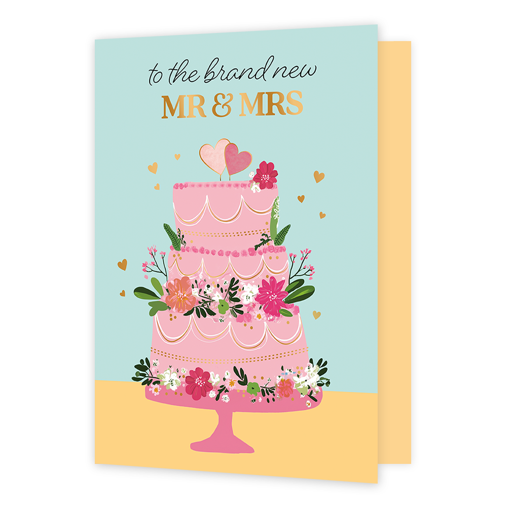 To the brand new mr & mrs - Formaat: Groot - Vorm: Staand - Huwelijkskaart - Op deze wenskaart staat een roze drielaagse bruidstaart met daarboven de tekst: "To the brand new mr & mrs". - Snelwenskaart