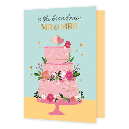 To the brand new mr & mrs - Formaat: Groot - Vorm: Staand - Huwelijkskaart - Op deze wenskaart staat een roze drielaagse bruidstaart met daarboven de tekst: "To the brand new mr & mrs". - Snelwenskaart