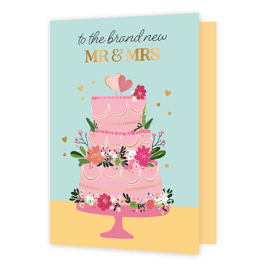 To the brand new mr & mrs - Formaat: Groot - Vorm: Staand - Huwelijkskaart - Op deze wenskaart staat een roze drielaagse bruidstaart met daarboven de tekst: "To the brand new mr & mrs". - Snelwenskaart