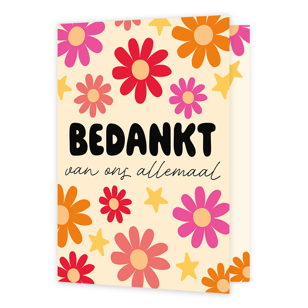 Bedankt van ons allemaal - Formaat: Groot - Vorm: Staand - Bedankkaart - Op deze wenskaart staan bloemen in de kleuren rood, roze en oranje met gele sterren en in het midden de tekst: "Bedankt van ons allemaal". - Snelwenskaart