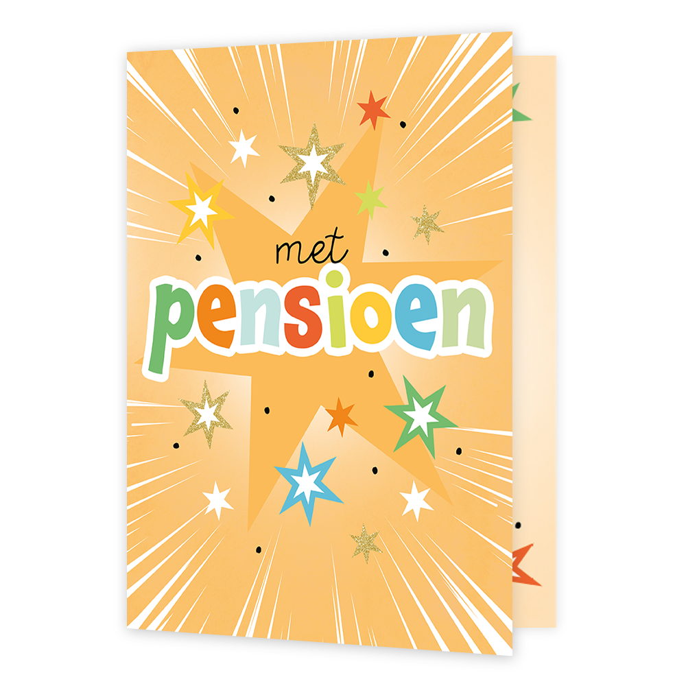 XL kaart - Met pensioen - Formaat: Groot - Vorm: Staand - Pensioenkaart - Op deze wenskaart staan sterren in de kleuren blauw, geel, goud, beige, rood, groen en wit, met in het midden de tekst: "Met pensioen". - Snelwenskaart