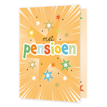 XL kaart - Met pensioen - Formaat: Groot - Vorm: Staand - Pensioenkaart - Op deze wenskaart staan sterren in de kleuren blauw, geel, goud, beige, rood, groen en wit, met in het midden de tekst: "Met pensioen". - Snelwenskaart