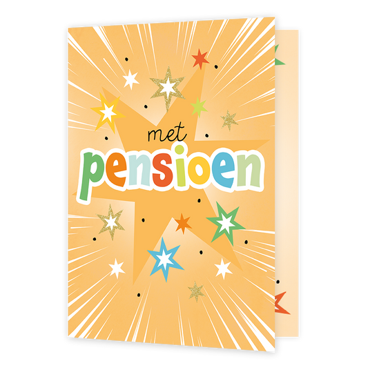 XL kaart - Met pensioen - Formaat: Groot - Vorm: Staand - Pensioenkaart - Op deze wenskaart staan sterren in de kleuren blauw, geel, goud, beige, rood, groen en wit, met in het midden de tekst: "Met pensioen". - Snelwenskaart