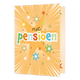 XL kaart - Met pensioen - Formaat: Groot - Vorm: Staand - Pensioenkaart - Op deze wenskaart staan sterren in de kleuren blauw, geel, goud, beige, rood, groen en wit, met in het midden de tekst: "Met pensioen". - Snelwenskaart