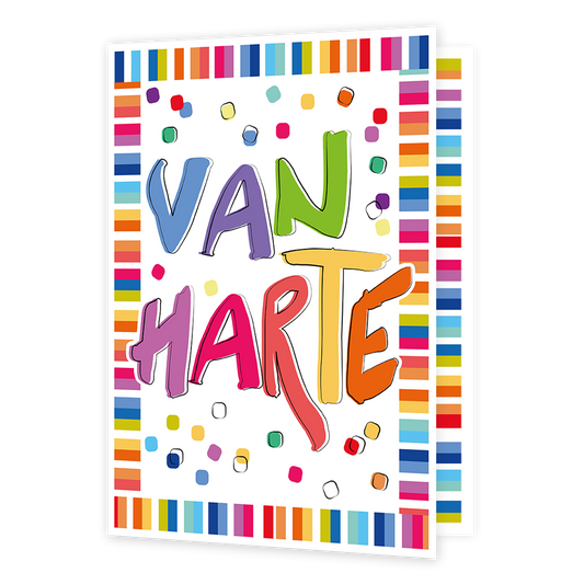 XL kaart - Van harte - Formaat: Groot - Vorm: Staand - Felicitatiekaart - Op deze wenskaart staan lijnen in diverse kleuren met in het midden de tekst: "Van harte". - Snelwenskaart