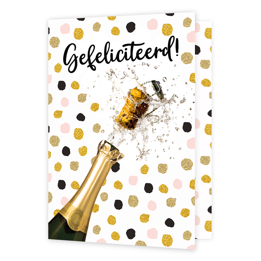 XL kaart - Gefeliciteerd - Formaat: Groot - Vorm: Staand - Felicitatiekaart - Op deze wenskaart staat een champagnefles die ontpopt met de tekst: "Gefeliciteerd". - Snelwenskaart