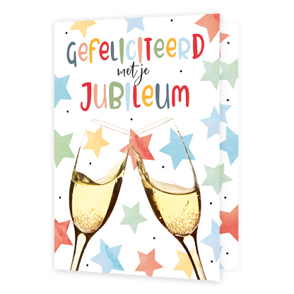 XL kaart - Werkjubileum - Formaat: Groot - Vorm: Staand - Jubileumkaart - Op deze wenskaart staan twee champagneglazen met sterren op de achtergrond en de tekst: "Gefeliciteerd met je jubileum". - Snelwenskaart