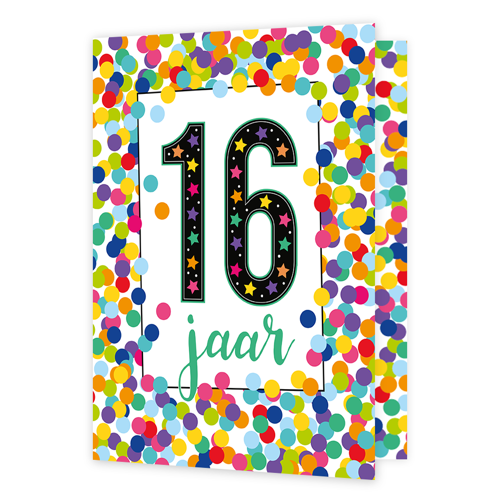 XL kaart - 16 jaar - Formaat: Groot - Vorm: Staand - Verjaardagskaart - Op deze wenskaart staat confetti in diverse kleuren met de tekst: "16 jaar". - Snelwenskaart