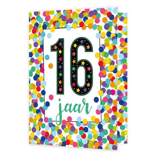 XL kaart - 16 jaar - Formaat: Groot - Vorm: Staand - Verjaardagskaart - Op deze wenskaart staat confetti in diverse kleuren met de tekst: "16 jaar". - Snelwenskaart