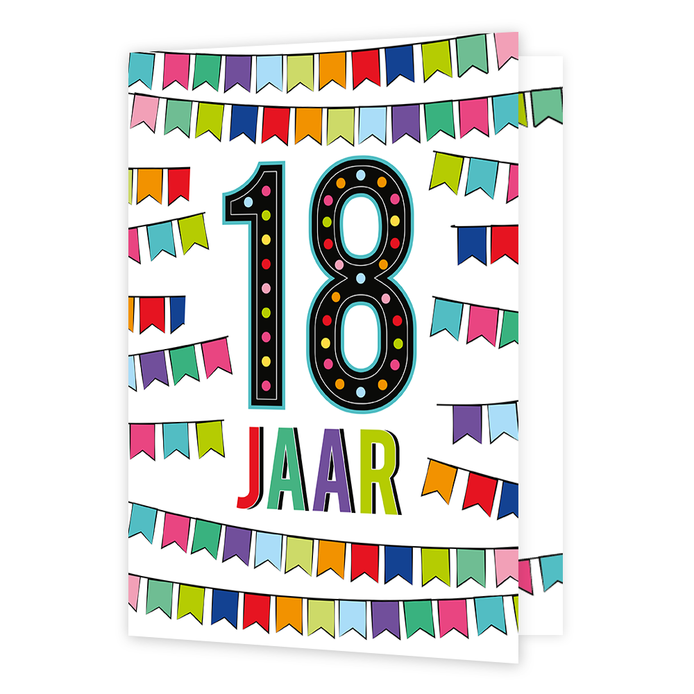 XL kaart - 18 jaar - Formaat: Groot - Vorm: Staand - Verjaardagskaart - Op deze wenskaart staan slingers in diverse kleuren met in het midden de tekst: "18 jaar". - Snelwenskaart