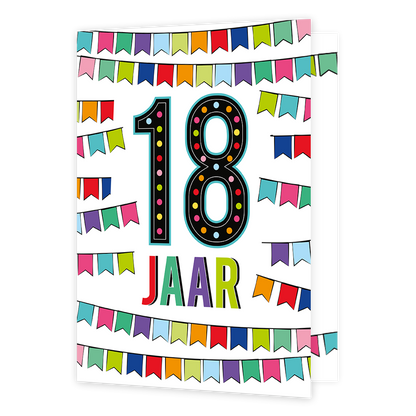 XL kaart - 18 jaar - Formaat: Groot - Vorm: Staand - Verjaardagskaart - Op deze wenskaart staan slingers in diverse kleuren met in het midden de tekst: "18 jaar". - Snelwenskaart