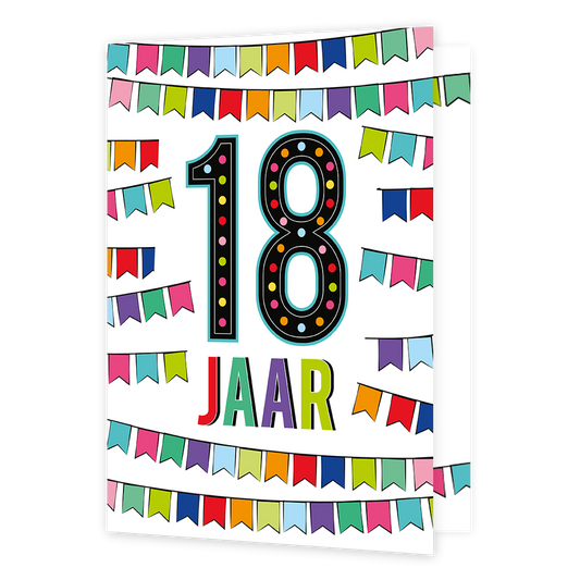 XL kaart - 18 jaar - Formaat: Groot - Vorm: Staand - Verjaardagskaart - Op deze wenskaart staan slingers in diverse kleuren met in het midden de tekst: "18 jaar". - Snelwenskaart