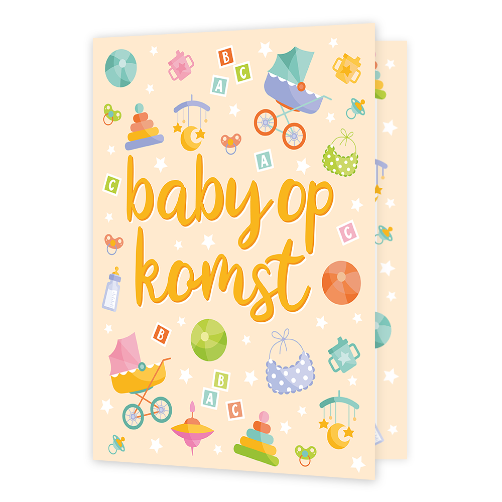 XL kaart - Baby op komst - Formaat: Groot - Vorm: Staand - Zwanger kaart - Op deze wenskaart staan babywagens, babyflesjes, blokken, speentjes en nog veel meer. In het midden staat de tekst: "Baby op komst". - Snelwenskaart