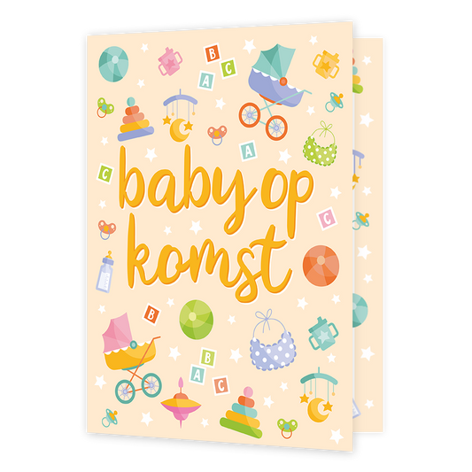 XL kaart - Baby op komst - Formaat: Groot - Vorm: Staand - Zwanger kaart - Op deze wenskaart staan babywagens, babyflesjes, blokken, speentjes en nog veel meer. In het midden staat de tekst: "Baby op komst". - Snelwenskaart