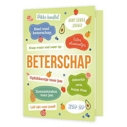 XL kaart - Beterschap - Formaat: Groot - Vorm: Staand - Beterschapskaart - Op deze wenskaart staat de tekst: "Beterschap" omringt door de teksten: "Dikke knuffel", "Get well soon" en nog veel meer. - Snelwenskaart