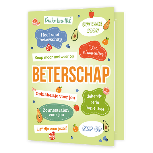 XL kaart - Beterschap - Formaat: Groot - Vorm: Staand - Beterschapskaart - Op deze wenskaart staat de tekst: "Beterschap" omringt door de teksten: "Dikke knuffel", "Get well soon" en nog veel meer. - Snelwenskaart