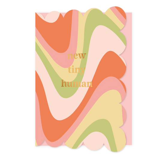 New tiny human - Formaat: Normaal - Vorm: Staand - Geboortekaart - Op deze wenskaart staan lijnen in de kleuren rood, roze, beige, wit en groen, met in het midden de tekst: "New tiny human". - Snelwenskaart