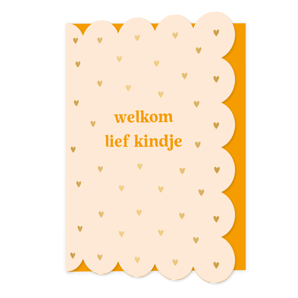 Welkom lief kindje - Formaat: Normaal - Vorm: Staand - Geboortekaart - Op deze wenskaart staan kleine gouden hartjes op een beige achtergrond, met in het midden de tekst: "Welkom lief kindje". - Snelwenskaart