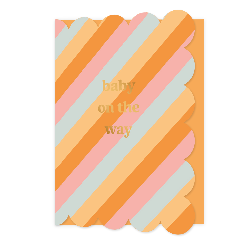 Baby on the way - Formaat: Standaard - Vorm: Staand - Zwanger kaart - Op deze wenskaart staan lijnen in de kleuren oranje, blauw en roze, met in het midden de tekst: "Baby on the way". - Snelwenskaart