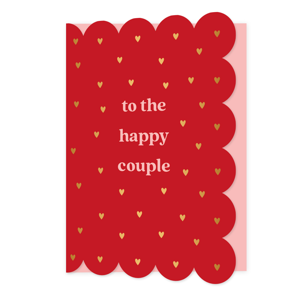 To the happy couple - Formaat: Normaal - Vorm: Staand - Huwelijkskaart - Op deze wenskaart staan gouden hartjes op een rode achtergrond met in het midden de tekst: "To the happy couple". - Snelwenskaart