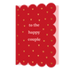 To the happy couple - Formaat: Standaard - Vorm: Staand - Huwelijkskaart - Op deze wenskaart staan gouden hartjes op een rode achtergrond met in het midden de tekst: "To the happy couple". - Snelwenskaart