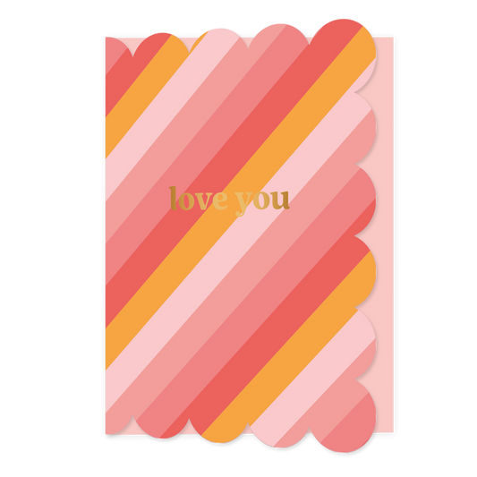 Love you - Formaat: Normaal - Vorm: Staand - Liefdeskaart - Op deze wenskaart staan lijnen in diverse kleuren roze, oranje en rood, met in het midden de tekst: "Love you". - Snelwenskaart