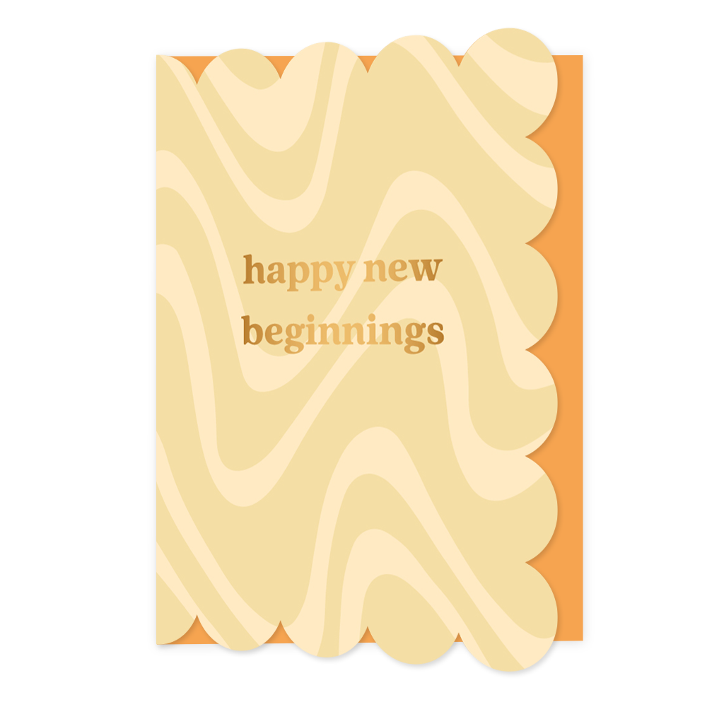 Happy new beginnings - Formaat: Normaal - Vorm: Staand - Succes kaart - Op deze wenskaart staan kronkelende lijnen twee kleuren beige met in het midden de tekst: "Happy new beginnings". - Snelwenskaart