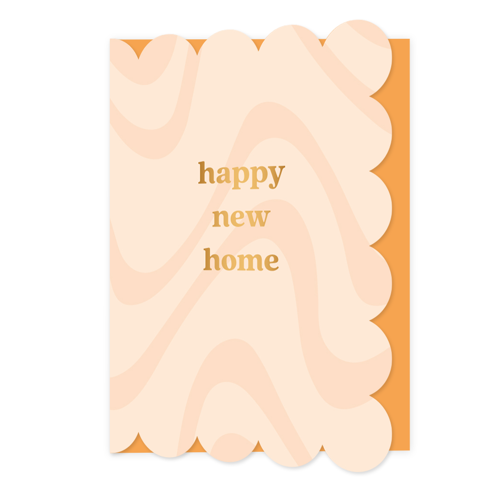 Happy new home - Formaat: Normaal - Vorm: Staand - Woningkaart - Op deze wenskaart staan kronkelende lijnen in het beige en roze, met in het midden de tekst: "Happy new home". - Snelwenskaart