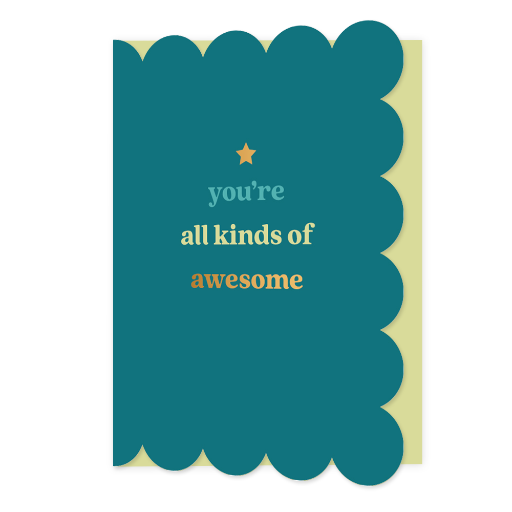 You're all kinds of awesome - Formaat: Standaard - Vorm: Staand - Complimentenkaart - Op deze wenskaart staat de tekst: "You're all kinds of awesome" op een donkerblauwe achtergrond. - Snelwenskaart