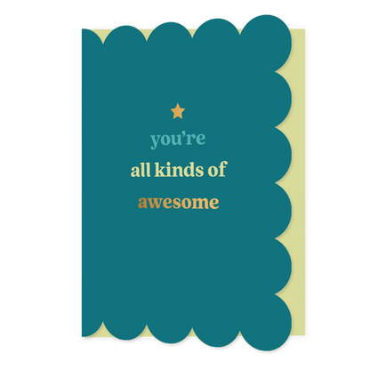 You're all kinds of awesome - Formaat: Standaard - Vorm: Staand - Complimentenkaart - Op deze wenskaart staat de tekst: "You're all kinds of awesome" op een donkerblauwe achtergrond. - Snelwenskaart
