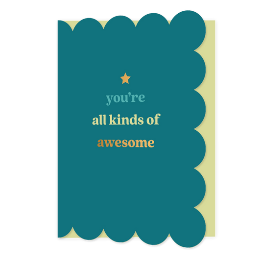 You're all kinds of awesome - Formaat: Normaal - Vorm: Staand - Complimentenkaart - Op deze wenskaart staat de tekst: "You're all kinds of awesome" op een donkerblauwe achtergrond. - Snelwenskaart