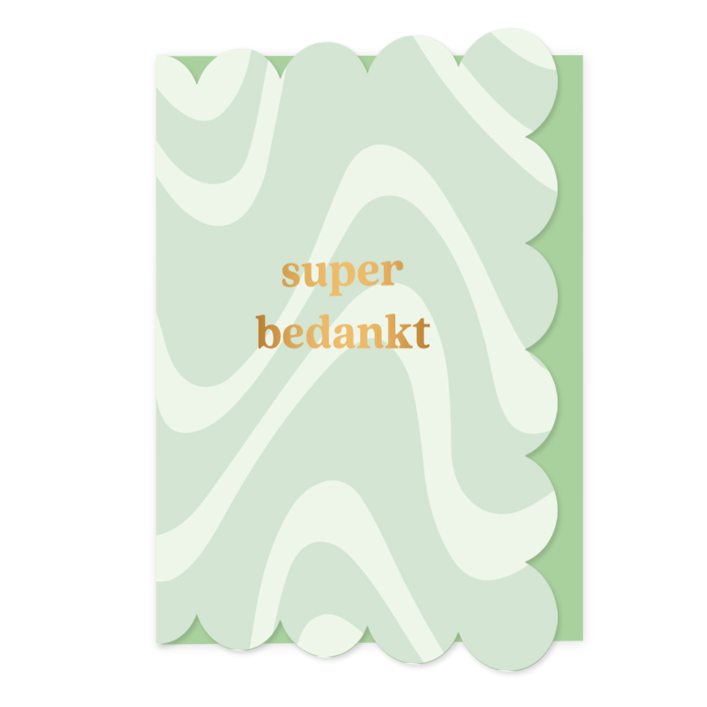 Super bedankt - Formaat: Normaal - Vorm: Staand - Bedankkaart - Op deze wenskaart staan lijnen in de kleuren wit en groen, met in het midden de tekst: "Super bedankt". - Snelwenskaart