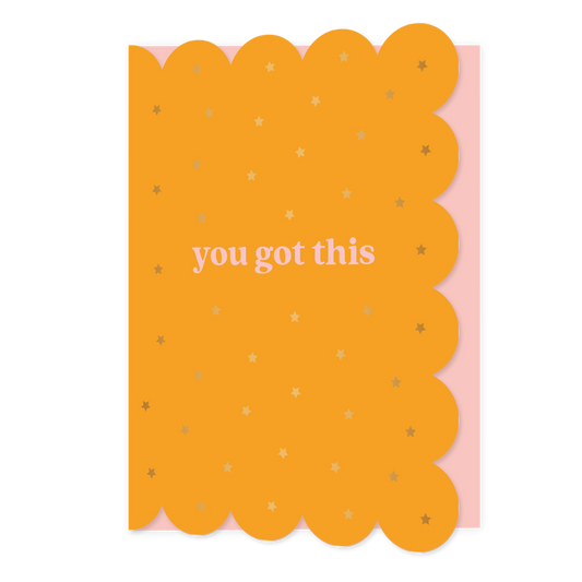 You got this - Formaat: Normaal - Vorm: Staand - Succes kaart - Op deze wenskaart staat de tekst: "You got this" met gouden sterren op een oranje achtergrond. - Snelwenskaart
