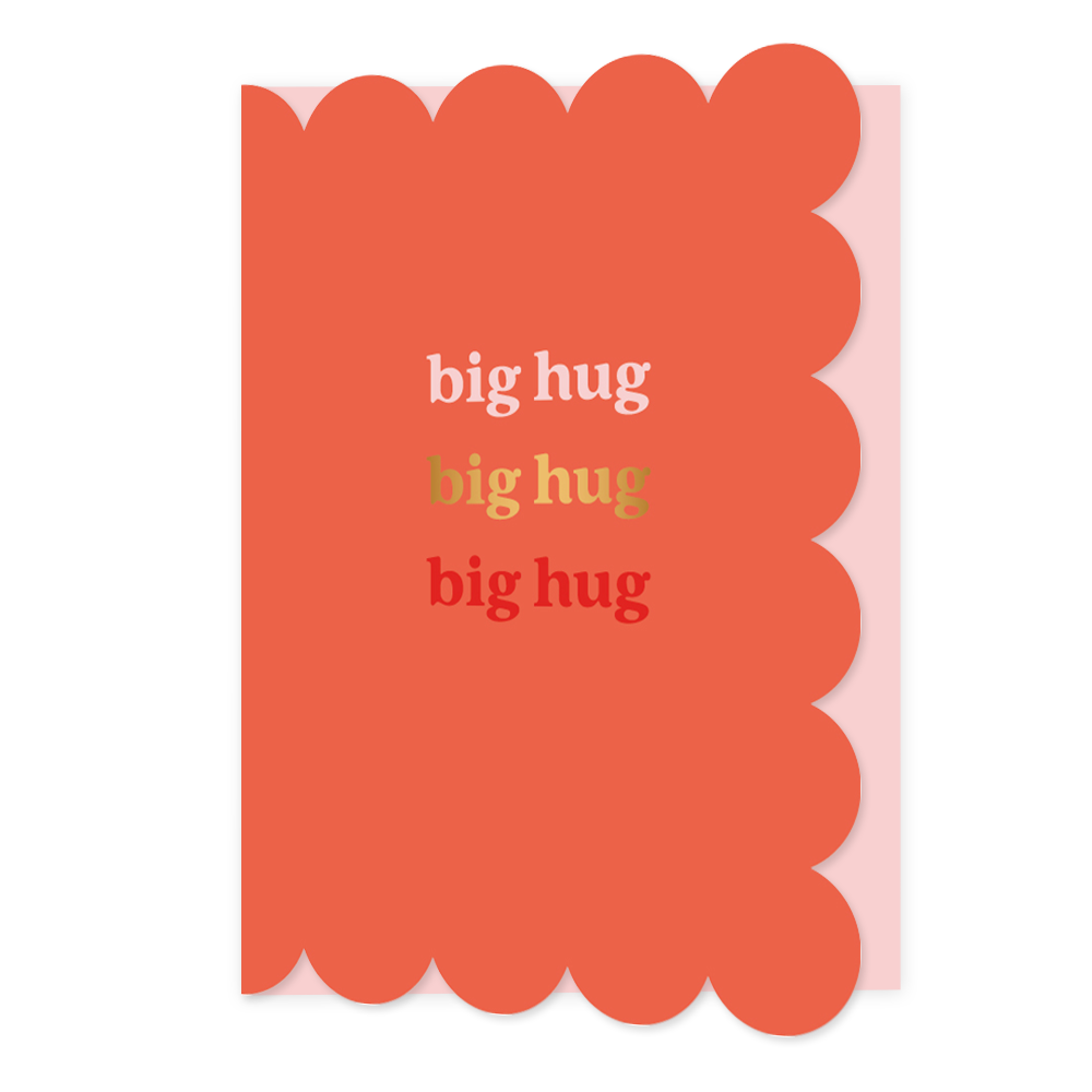 Big hug - Formaat: Normaal - Vorm: Staand - Vriendschapskaart - Op deze wenskaart staat de tekst: "Big hug big hug big hug" op een rode achtergrond. - Snelwenskaart
