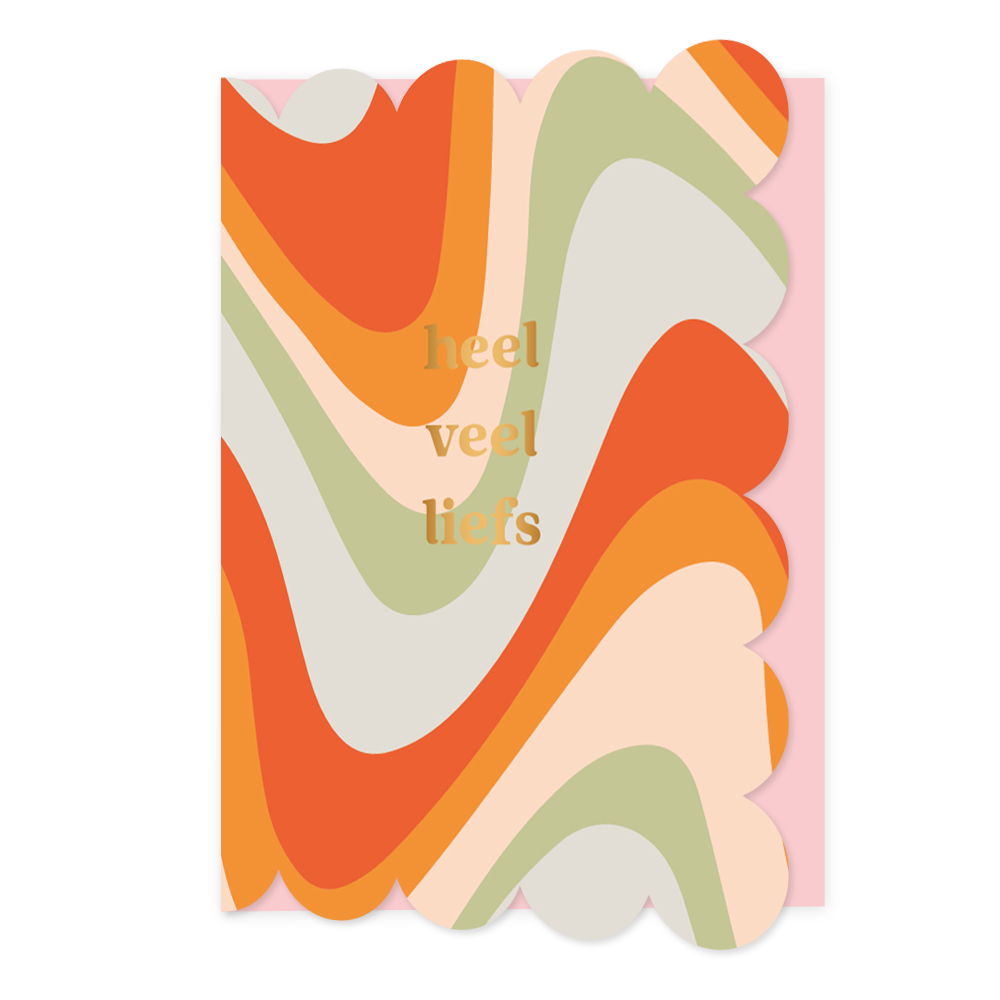 Heel veel liefs - Formaat: Normaal - Vorm: Staand - Vriendschapskaart - Op deze wenskaart staan lijnen in de kleuren rood, oranje, beige, groen en blauw, met in het midden de tekst: "Heel veel liefs". - Snelwenskaart
