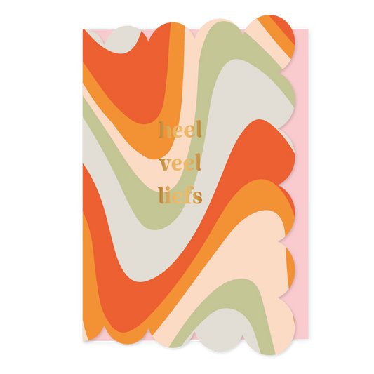 Heel veel liefs - Formaat: Normaal - Vorm: Staand - Vriendschapskaart - Op deze wenskaart staan lijnen in de kleuren rood, oranje, beige, groen en blauw, met in het midden de tekst: "Heel veel liefs". - Snelwenskaart