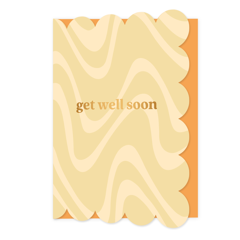 Get well soon - Formaat: Normaal - Vorm: Staand - Beterschapskaart - Op deze wenskaart staan lijnen in twee kleuren beige, met in het midden de tekst: "Get well soon". - Snelwenskaart