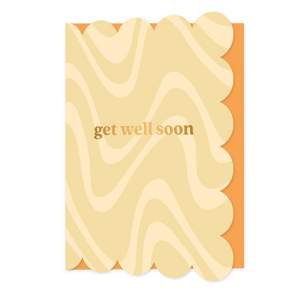 Get well soon - Formaat: Normaal - Vorm: Staand - Beterschapskaart - Op deze wenskaart staan lijnen in twee kleuren beige, met in het midden de tekst: "Get well soon". - Snelwenskaart