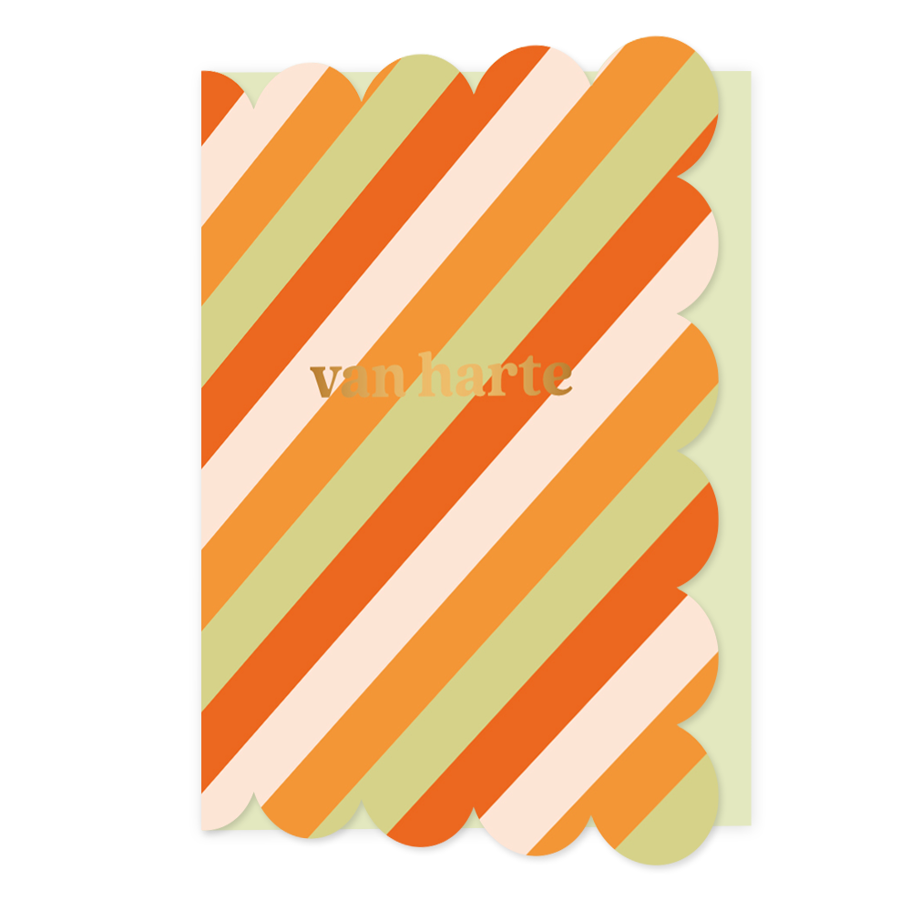 Van harte - Formaat: Standaard - Vorm: Staand - Felicitatiekaart - Op deze wenskaart staan lijnen in de kleuren rood, wit, oranje en groen, met in het midden de tekst: "Van harte". - Snelwenskaart