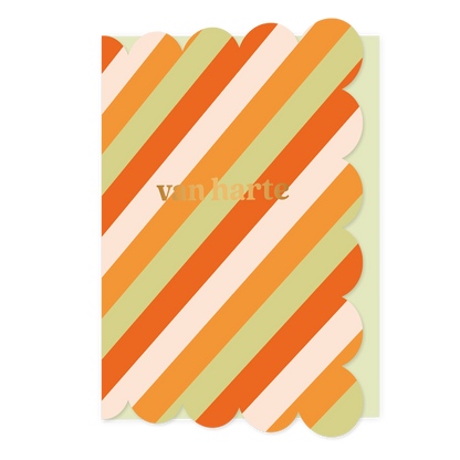 Van harte - Formaat: Standaard - Vorm: Staand - Felicitatiekaart - Op deze wenskaart staan lijnen in de kleuren rood, wit, oranje en groen, met in het midden de tekst: "Van harte". - Snelwenskaart