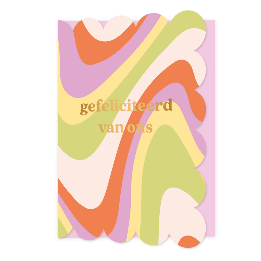 Gefeliciteerd van ons - Formaat: Standaard - Vorm: Staand - Felicitatiekaart - Op deze wenskaart staan lijnen in de kleuren wit, rood, paars en groen, met in het midden de tekst: "Gefeliciteerd van ons". - Snelwenskaart