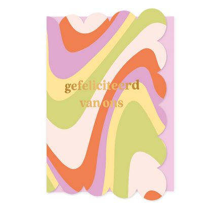 Gefeliciteerd van ons - Formaat: Standaard - Vorm: Staand - Felicitatiekaart - Op deze wenskaart staan lijnen in de kleuren wit, rood, paars en groen, met in het midden de tekst: "Gefeliciteerd van ons". - Snelwenskaart