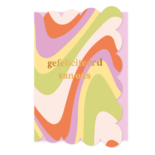 Gefeliciteerd van ons - Formaat: Normaal - Vorm: Staand - Felicitatiekaart - Op deze wenskaart staan lijnen in de kleuren wit, rood, paars en groen, met in het midden de tekst: "Gefeliciteerd van ons". - Snelwenskaart