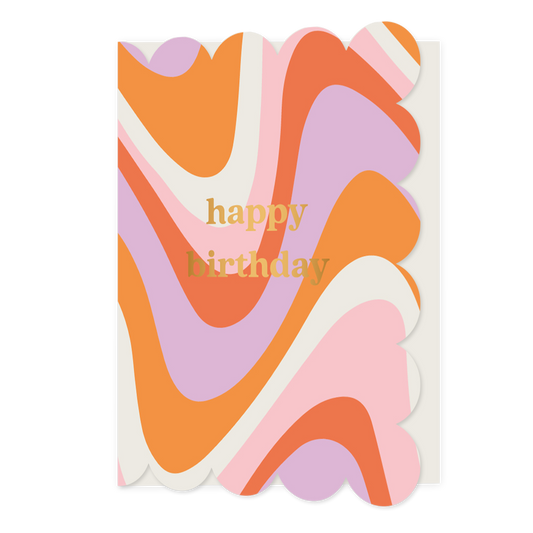 Happy birthday - Formaat: Normaal - Vorm: Staand - Verjaardagskaart - Op deze wenskaart staan lijnen in de kleuren oranje, wit, paars, roze en rood, met in het midden de tekst: "Happy birthday". - Snelwenskaart